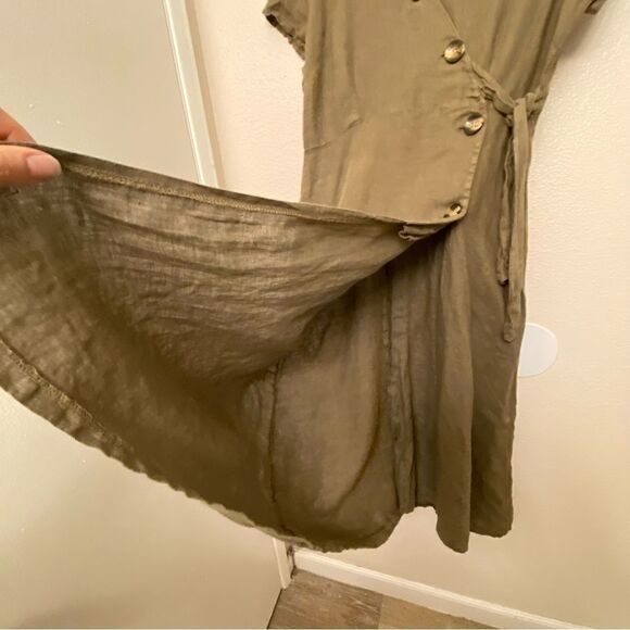 Dark Army Olive green linen wrap button front dress coastal beachy logenlook M - Picture 5 of 11